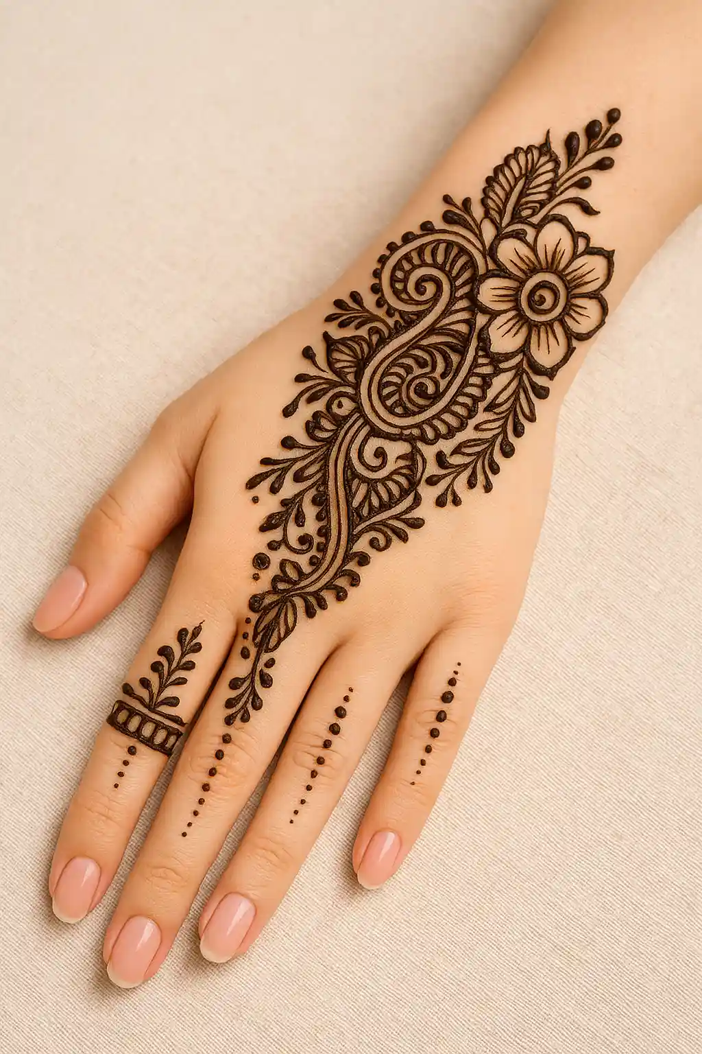 Stylish artistic back hand mehndi design 2025 with easy floral motifs 