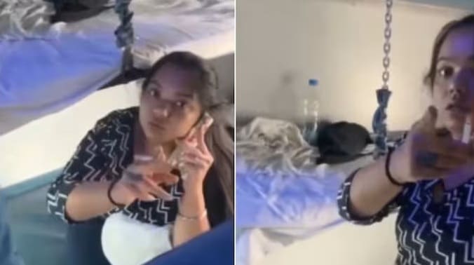 Woman smoking in Indian train viral video screenshot—AC coach argument.