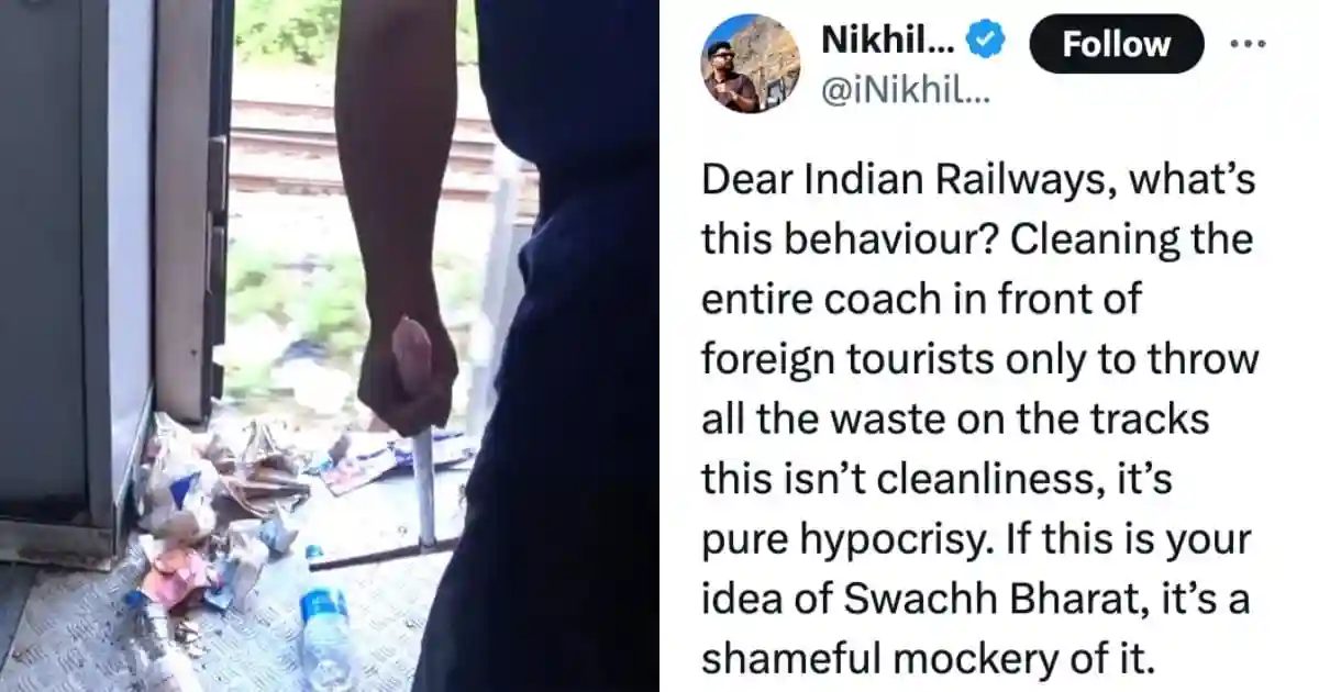 Foreign Tourist’s Viral Video Shows Indian Railway Worker Throwing Garbage on Train Tracks