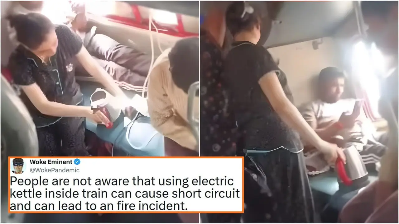 Woman Boils Water in Electric Kettle Inside Moving Train – Sparks Safety Concerns & Railway Rules Reminder