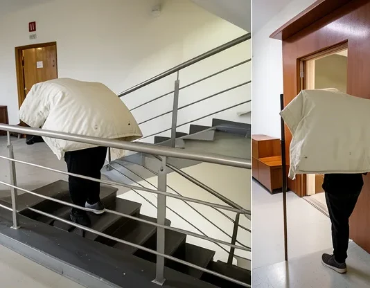 delivery man climbing stairs with heavy parcel