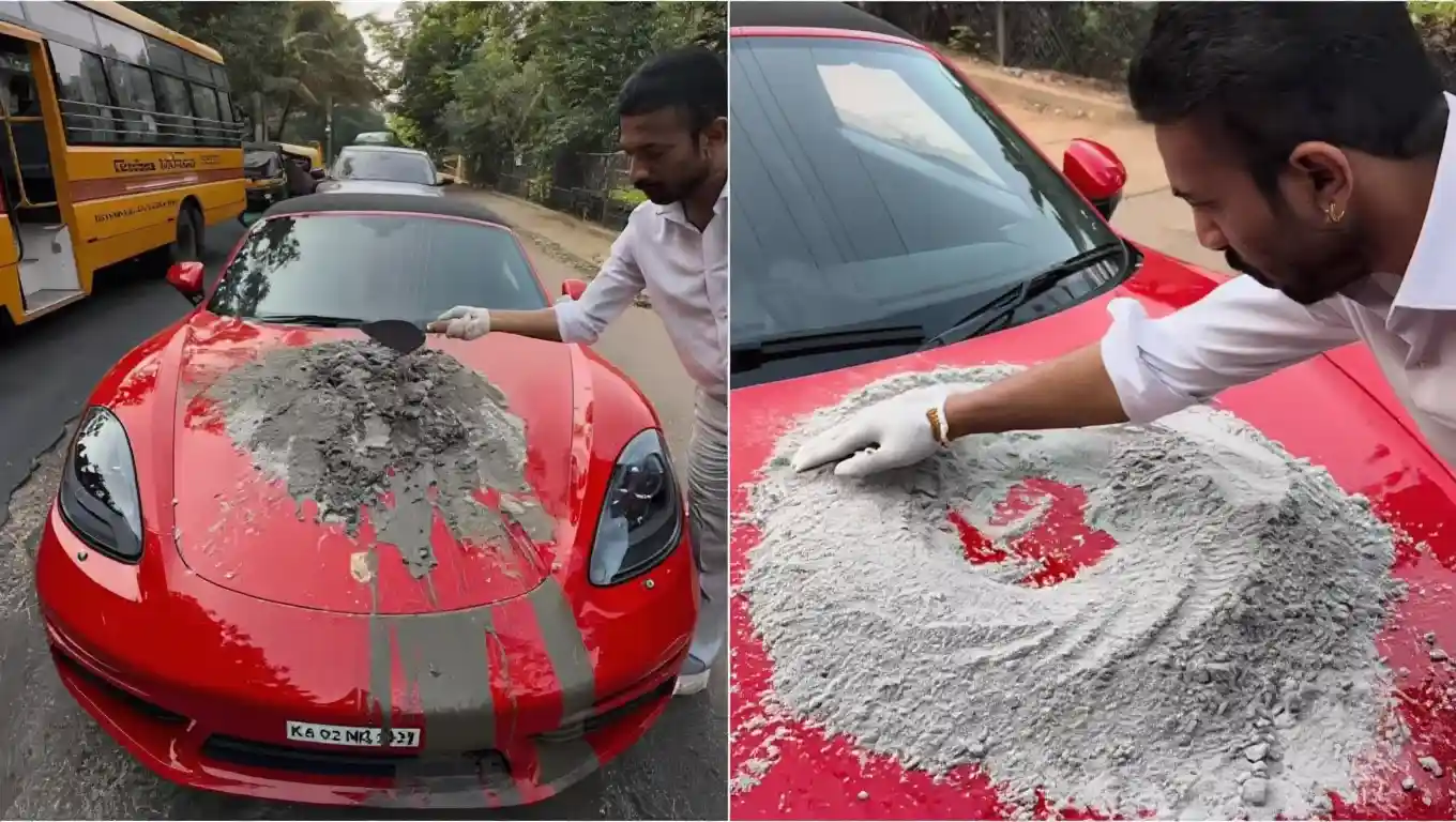 Bengaluru Entrepreneur Uses Porsche Bonnet to Mix Cement & Fix Pothole – Viral Video Highlights Citizen Frustration