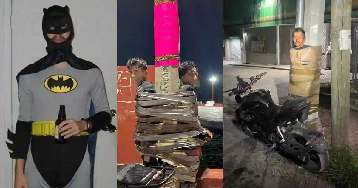 “Batman Of Lagos” Goes Viral After Alleged Bike Thieves Found Taped To Poles By Vigilante