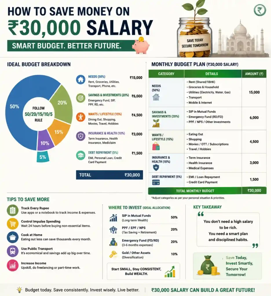 how to save money on 30000 salary in India budget chart