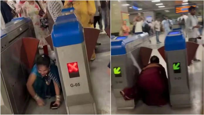 women-crawl-under-delhi-metro-gates-skip-fare-children-imitate