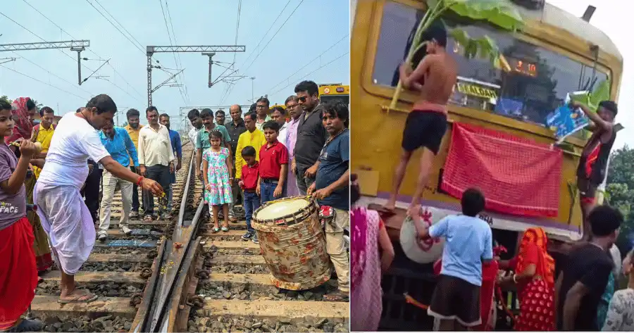 Bengal Villagers Stand on Tracks, Stop Local Train to Sealdah for Vishwakarma Puja Rituals – Viral Video